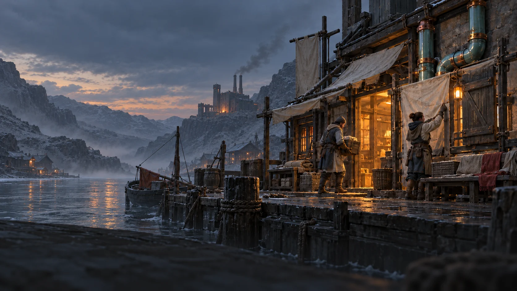Bracken Quay imagined as a misty mountain harbour, with craftspeople tending a warmly lit timber workshop.
